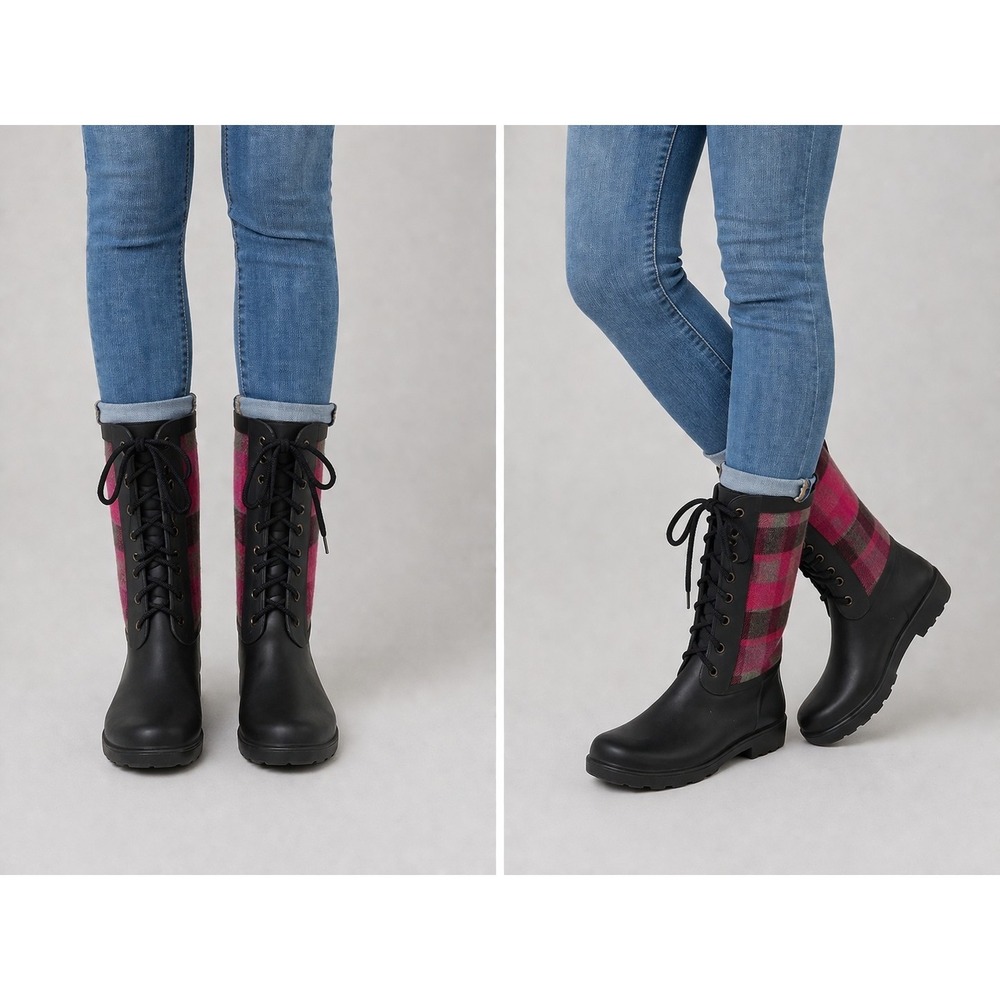 Chooka Rain Boots Womens Size 7 Plaid Waterproof Tall Rubber Lace Up